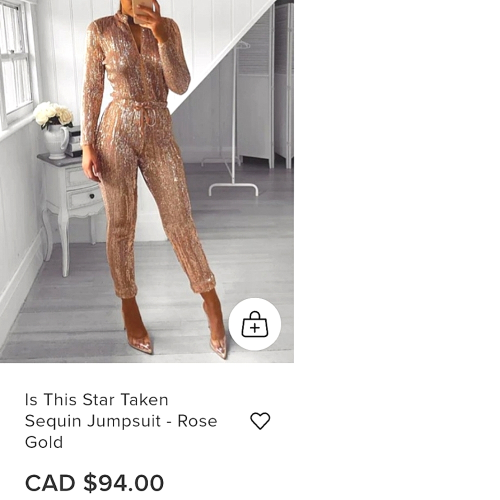 FASHIONNOVA 'Is This Star Taken' Sequin Jumpsuit, Rose Gold, size M.